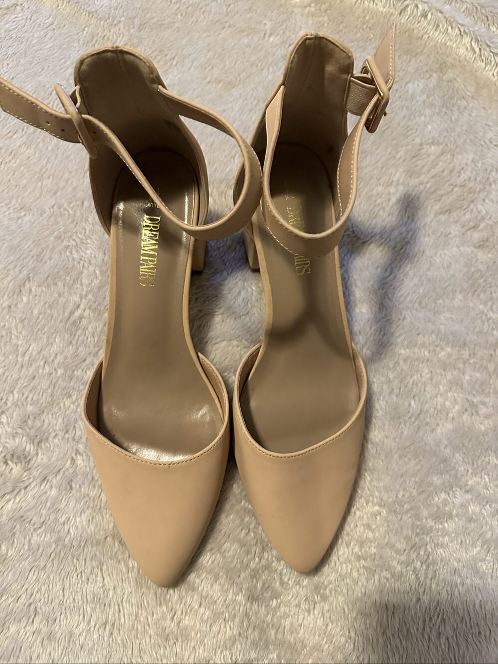 Dream Pairs Women's Beige Ankle Strap Pointed Toe Block Heel Pumps EU 41